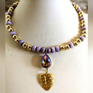 Lavender Glass and Gold Ball Beads  With Purple AB And Leaf Pendant Necklace